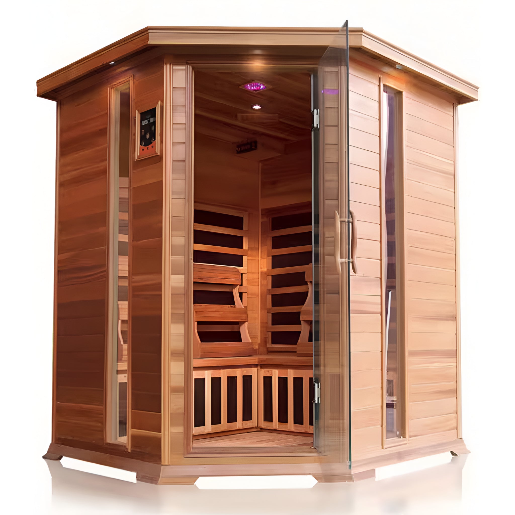 4-Person Corner FAR Infrared Sauna – Canadian Red Cedar with 10 Carbon Heaters