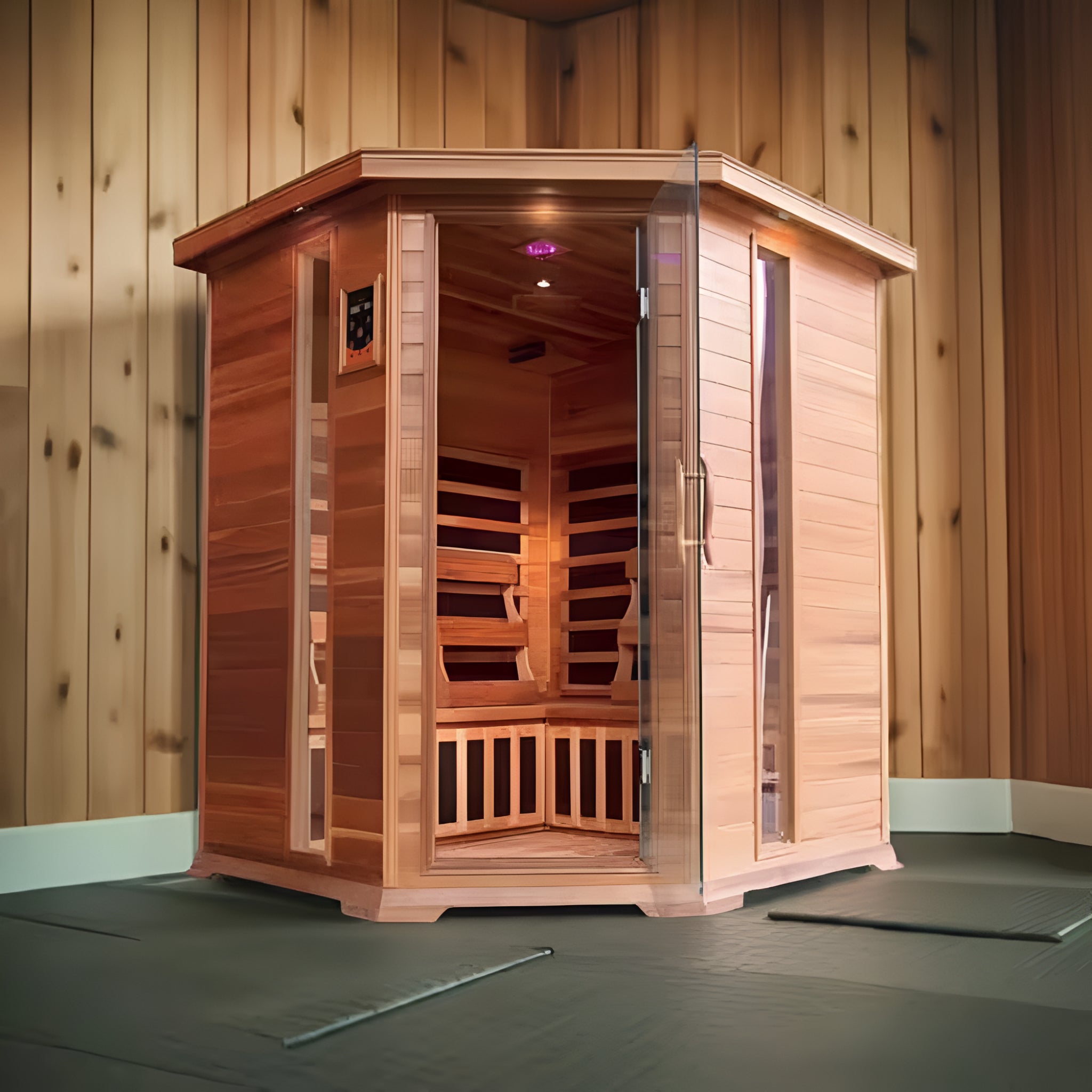 4-Person Corner FAR Infrared Sauna – Canadian Red Cedar with 10 Carbon Heaters